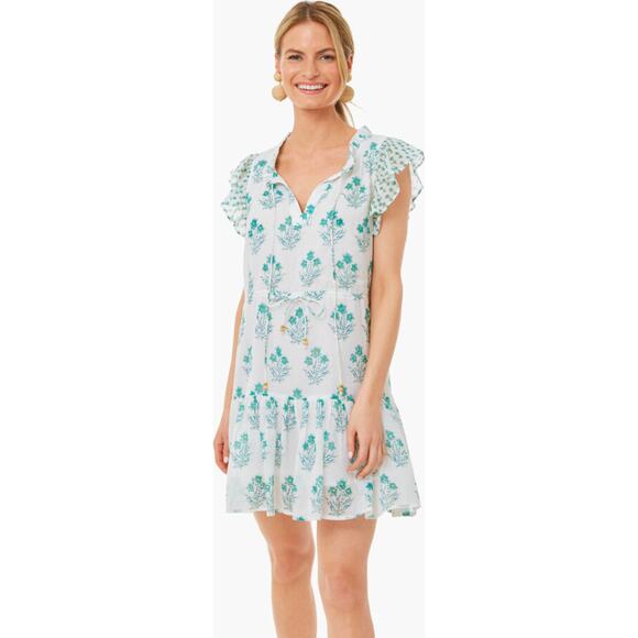 Oliphant Tuckernuck Indica Blue Cinched Flirty Short Mini Block Print Dress XL - Picture 1 of 12
